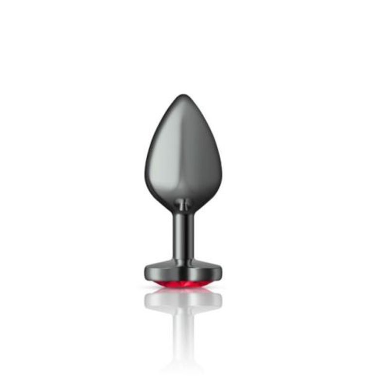 Cheeky Charms gunmetal heart jewel butt plug with red acrylic gem, designed for comfort and easy insertion.