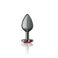Cheeky Charms gunmetal heart jewel butt plug with red acrylic gem, designed for comfort and easy insertion.