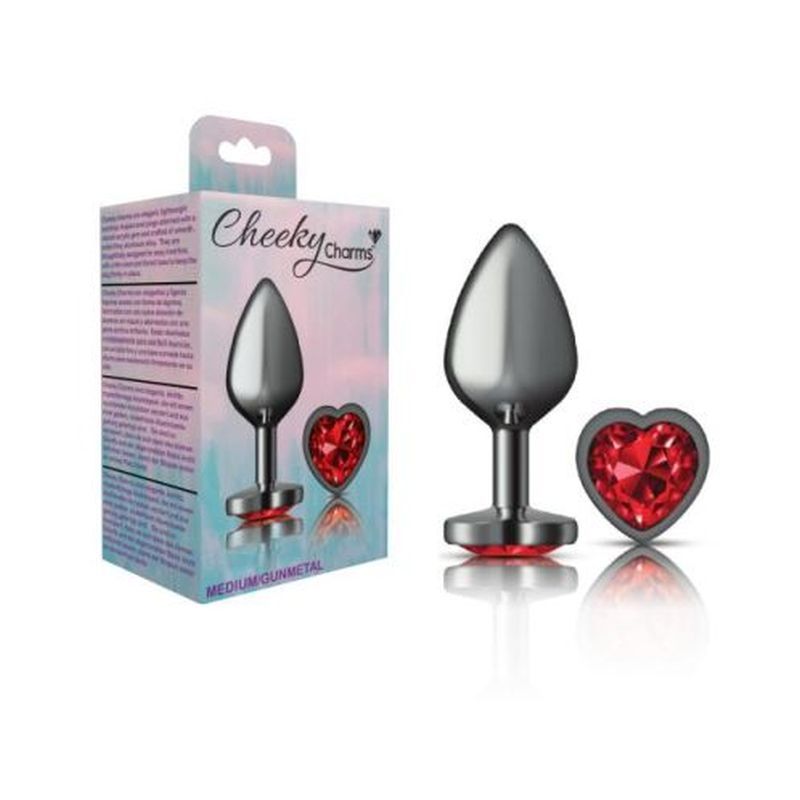 Cheeky Charms gunmetal heart jewel butt plug medium with red gem packaging display.