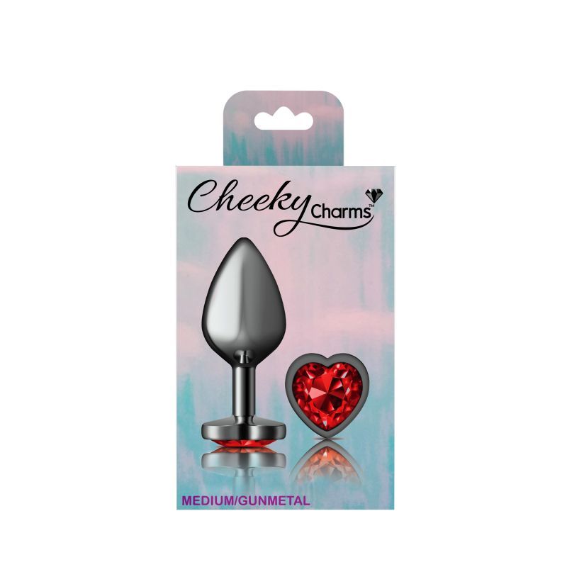 Cheeky Charms Gunmetal Butt Plug w Heart Red Jewel Medium in packaging