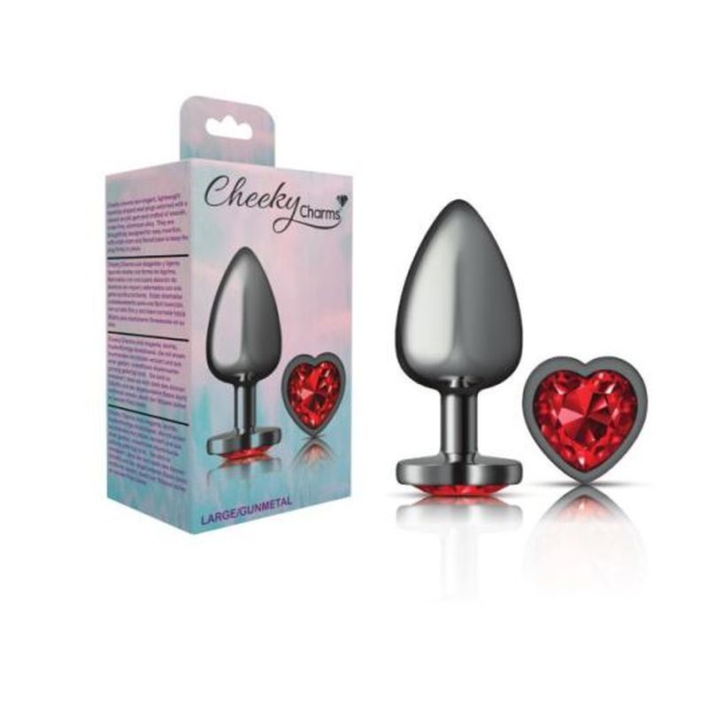 Cheeky Charms gunmetal butt plug with red jewel large in packaging and vibrant heart jewel.