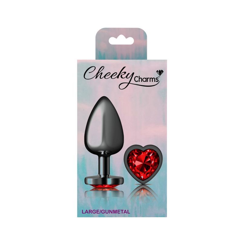 Cheeky Charms large gunmetal butt plug with red jewel packaging, featuring a smooth design and heart-shaped gem.