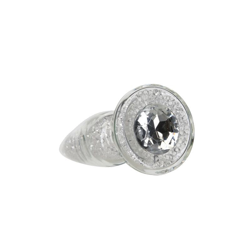 Luxurious glass anal plug with clear gem base and sparkling mini glass beads for a sleek and elegant experience.