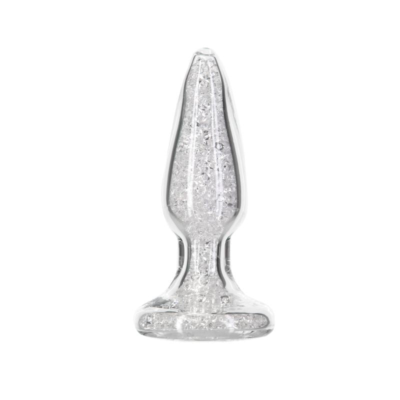 Luxurious glass anal plug with sparkling mini glass beads and tapered shape for easy insertion.