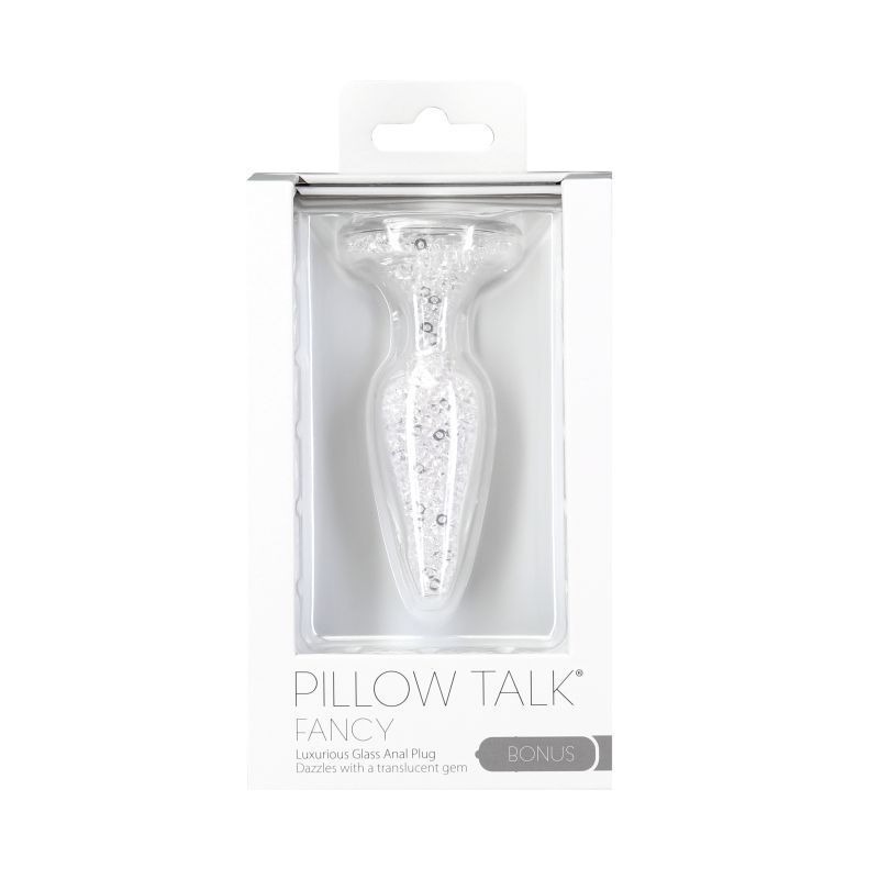 Pillow Talk Fancy luxurious glass anal plug with clear gem, elegantly packaged in a sleek box.