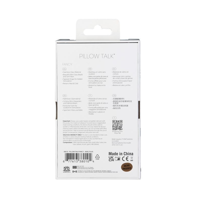 Back packaging of Pillow Talk Fancy luxurious glass anal plug, highlighting product details and specifications.
