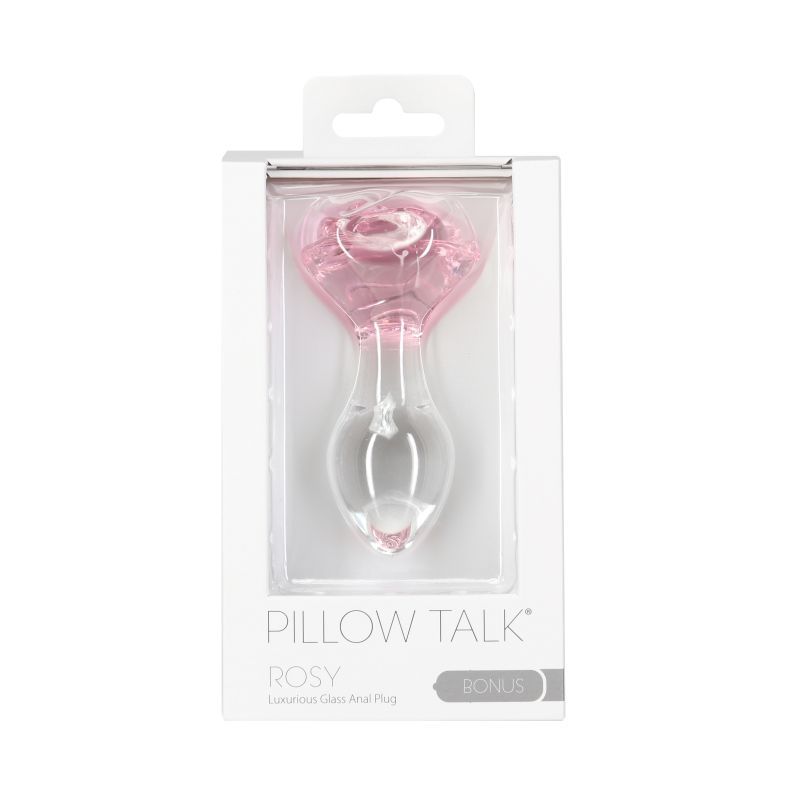 Pillow Talk Rosy luxurious glass anal plug in elegant packaging with a pink rose base and clear gem.