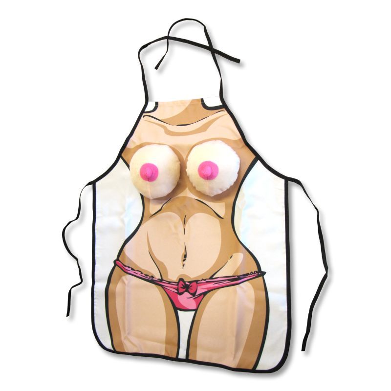 Funny BBQ apron featuring a humorous design with cartoon breasts and a bikini bottom for fun gatherings.