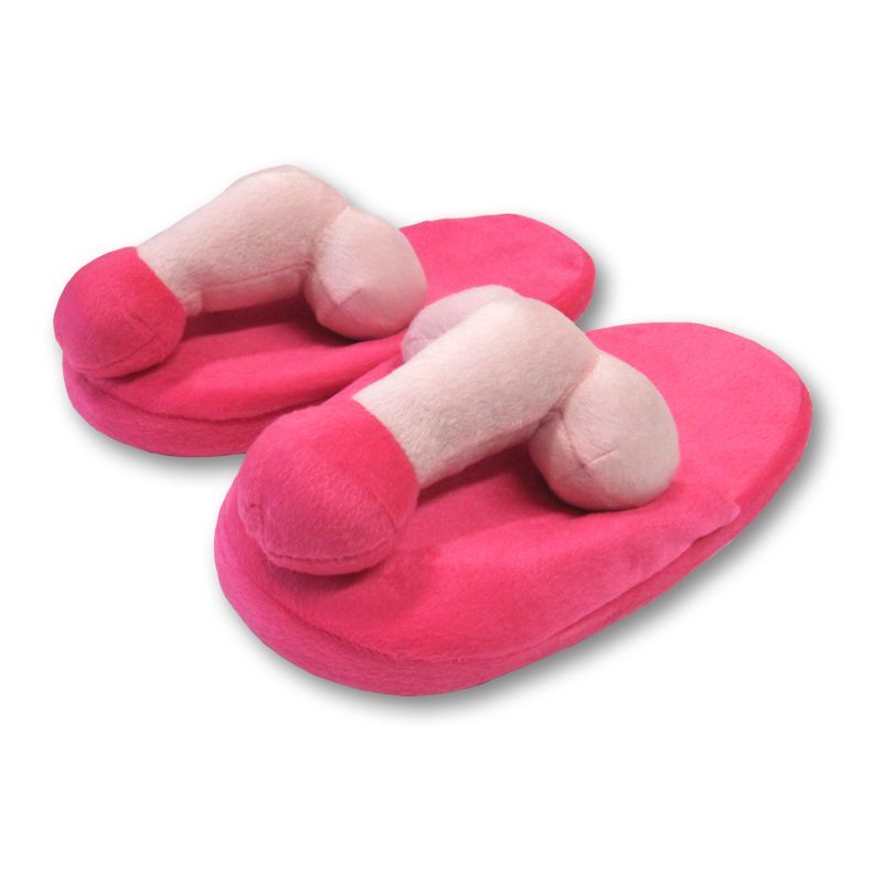 Pair of pink pecker slippers designed for comfort and humor in a playful design.