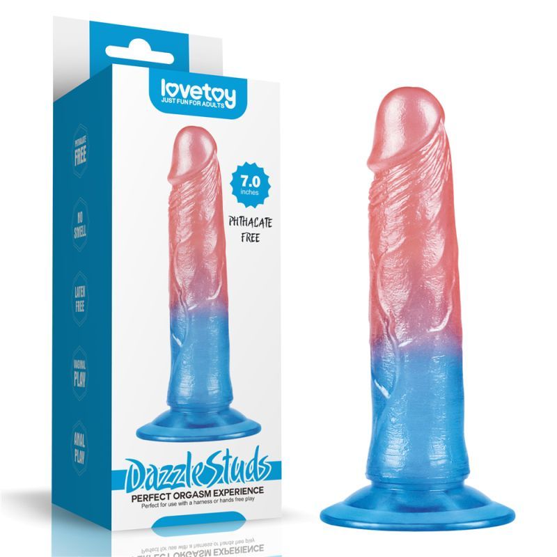 Dazzle Studs 7in pink and blue realistic dildo in packaging, showcasing its veined shaft and sucker base, perfect for a lifelike experience.
