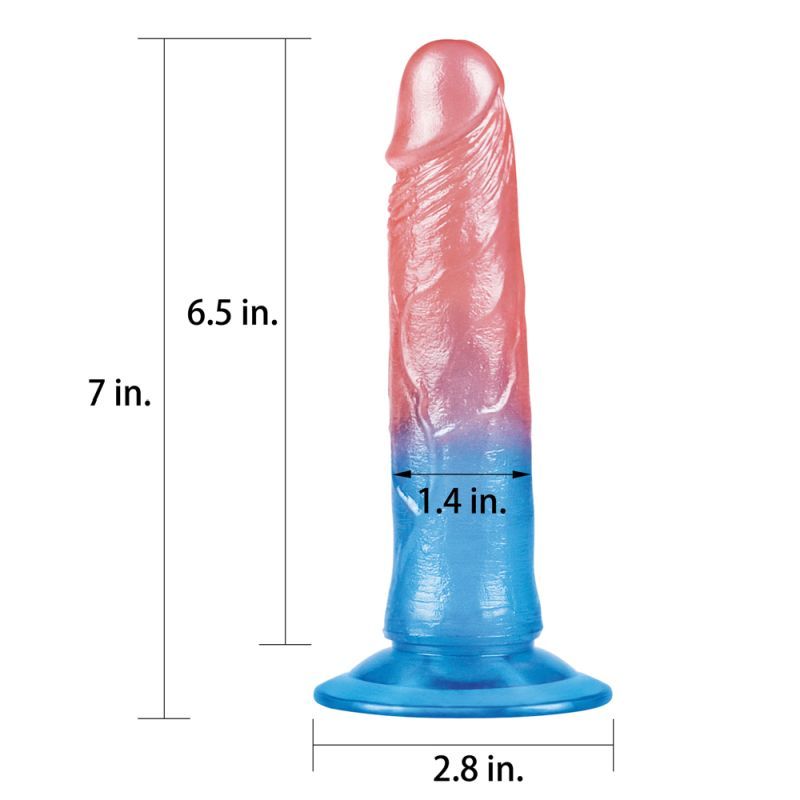 Dazzle Studs Dildo 7in Pink/Blue, a dazzling realistic dildo with a veined shaft and smooth head.
