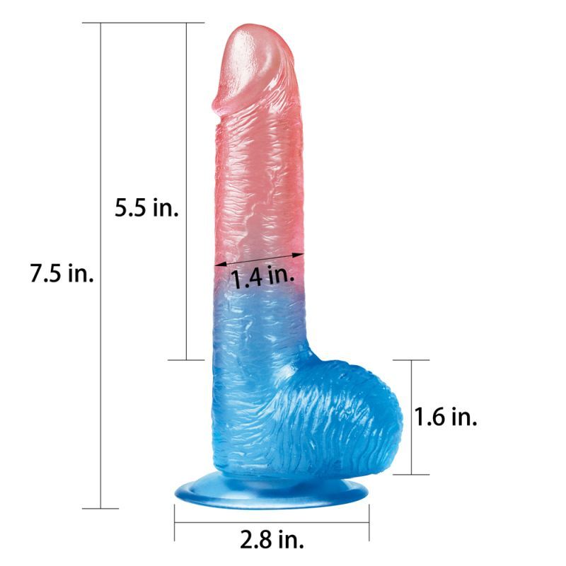 Realistic dildo 7.5 inch with veined shaft, smooth head, and sucker base in pink and blue colors.