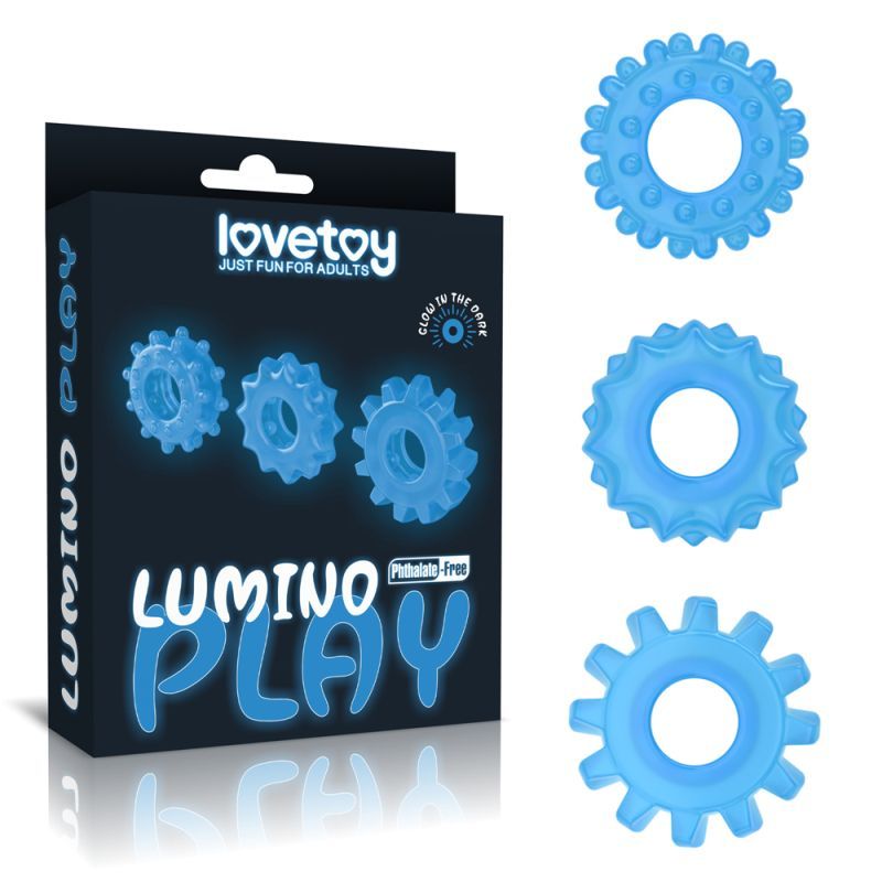 Glow in the dark penis rings in blue, showcasing a set of 3 unique designs in a package.