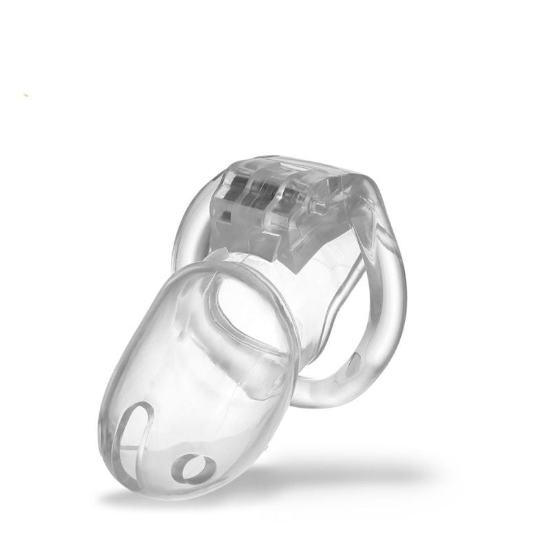 Brutus Stealth chastity cage, clear polycarbonate male chastity device for long-term wear with adjustable rings.