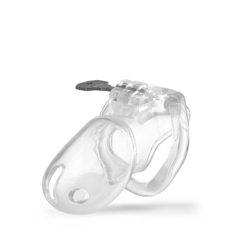 Brutus Stealth chastity cage clear with lock key for secure and comfortable long-term wear.