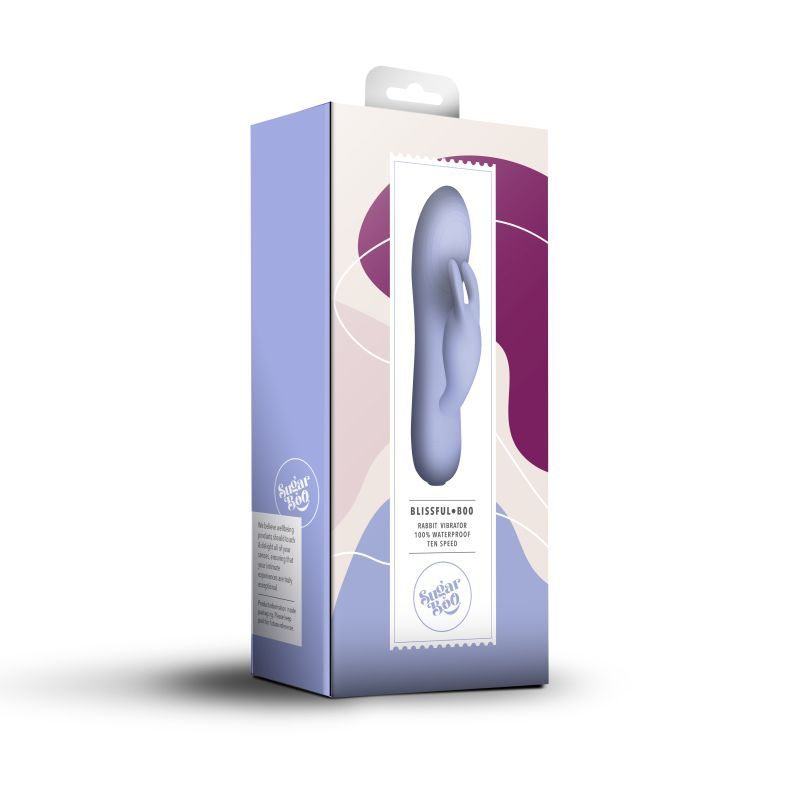 SugarBoo Blissful Boo Rabbit Vibe Lilac packaging, waterproof rabbit vibrator with velvet soft silicone design.