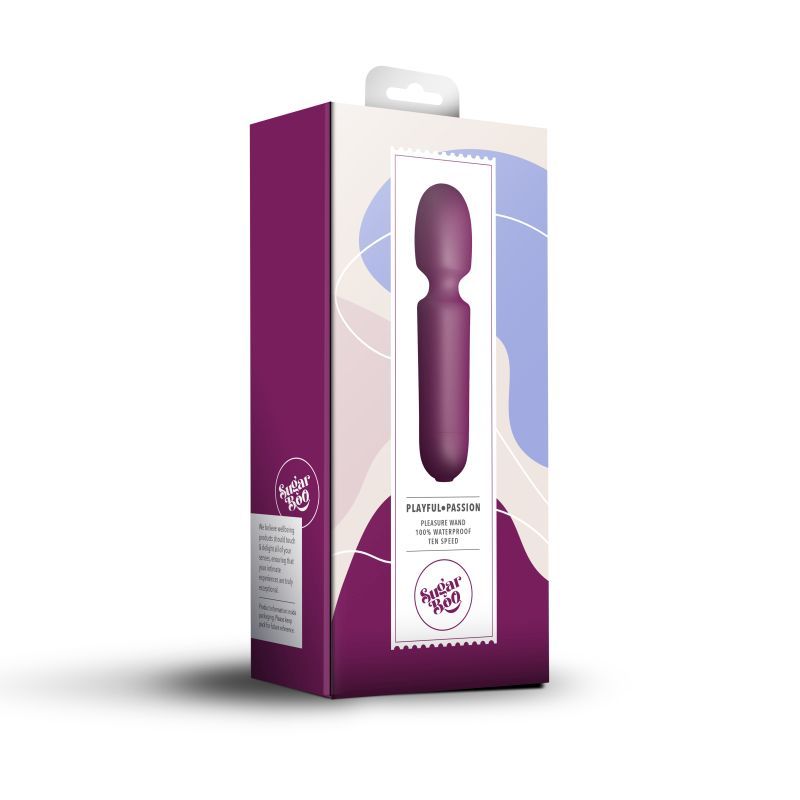 SugarBoo Playful Passion wand vibrator packaging in burgundy, a discreet wand vibrator designed for powerful stimulation.