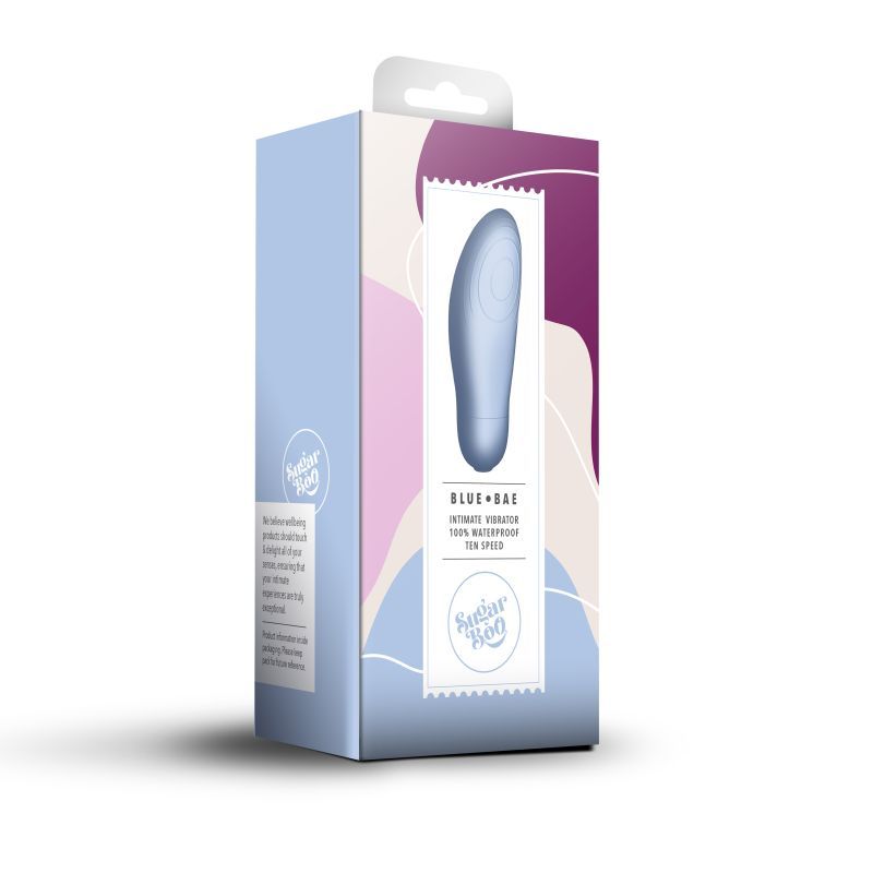 SugarBoo Blue Bae Layon Massager packaging for waterproof layon vibrator, featuring modern design and details.