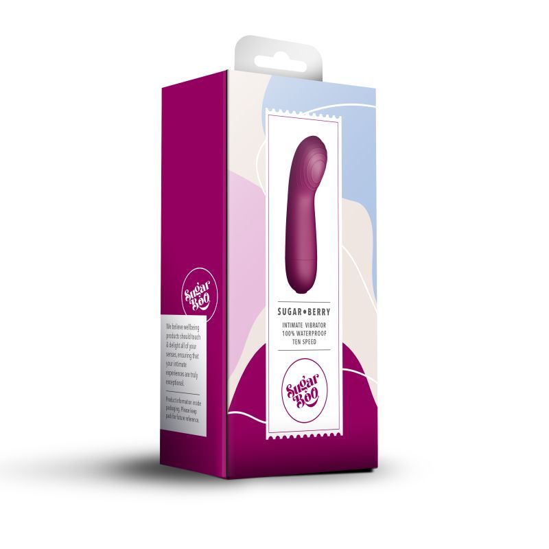SugarBoo Berry massager vibe pink box packaging for the pink silicone body massager with curved G tip design.