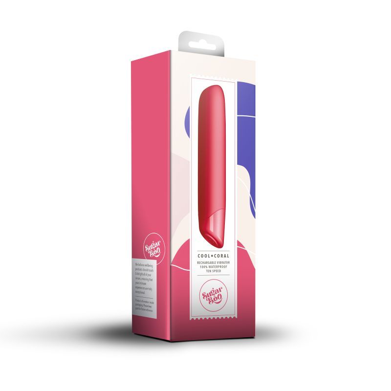 SugarBoo Cool Coral Bullet Vibe packaging, a sensory bullet vibe with 10 vibration sensations.