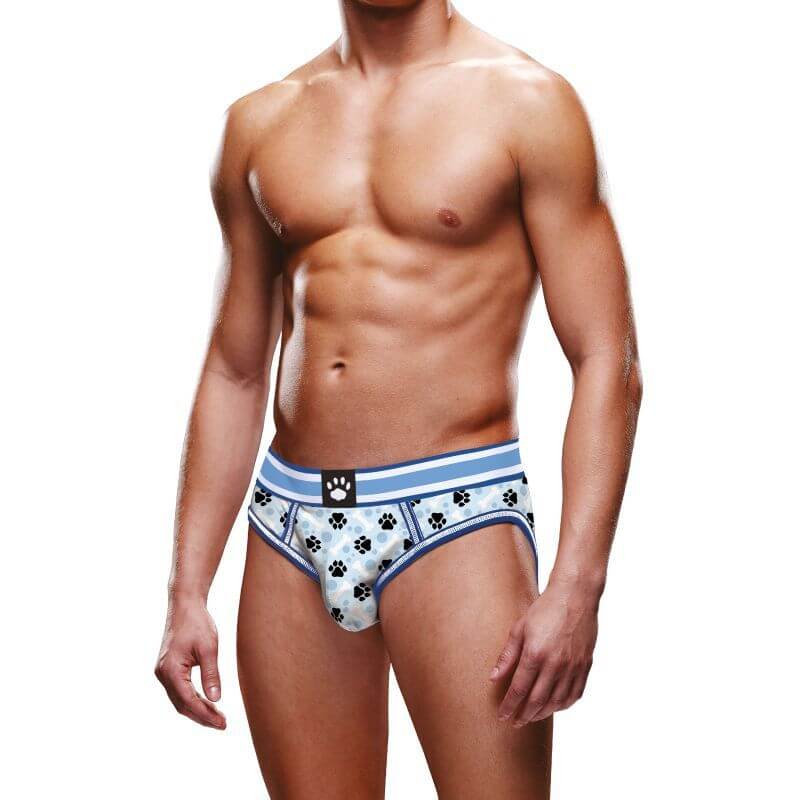 Man modeling backless men's briefs with Prowler logo and paw print design.