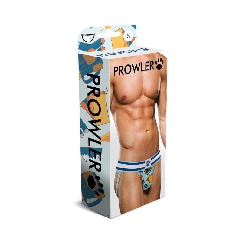 Prowler Autumn Jock packaging featuring a man wearing a stylish jock strap in blue, white, and autumn leaf designs.