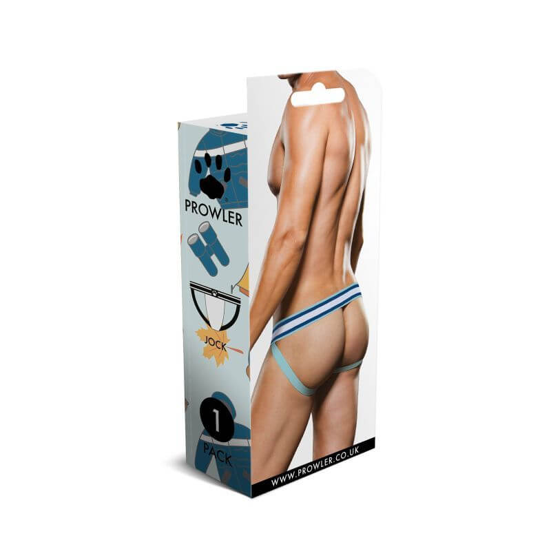 Prowler Autumn Jock packaging featuring a model showcasing the blue and white jock strap design.