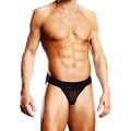 A model wearing a black mesh jock strap showcasing a toned physique and design features of the product.