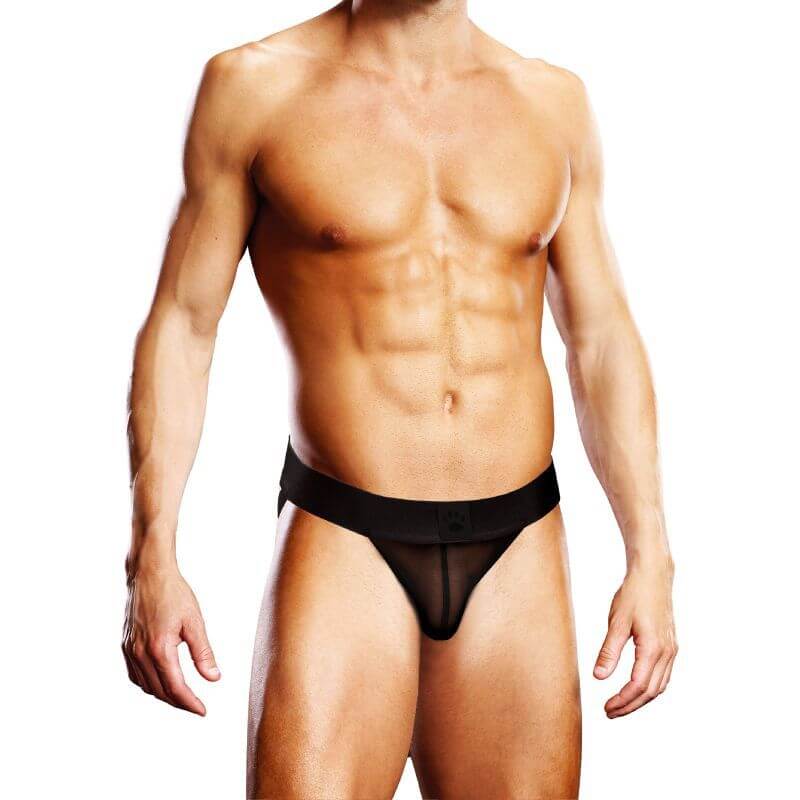 Prowler Mesh Jock Black featuring a male model showcasing the black mesh jock strap in a sporty pose.
