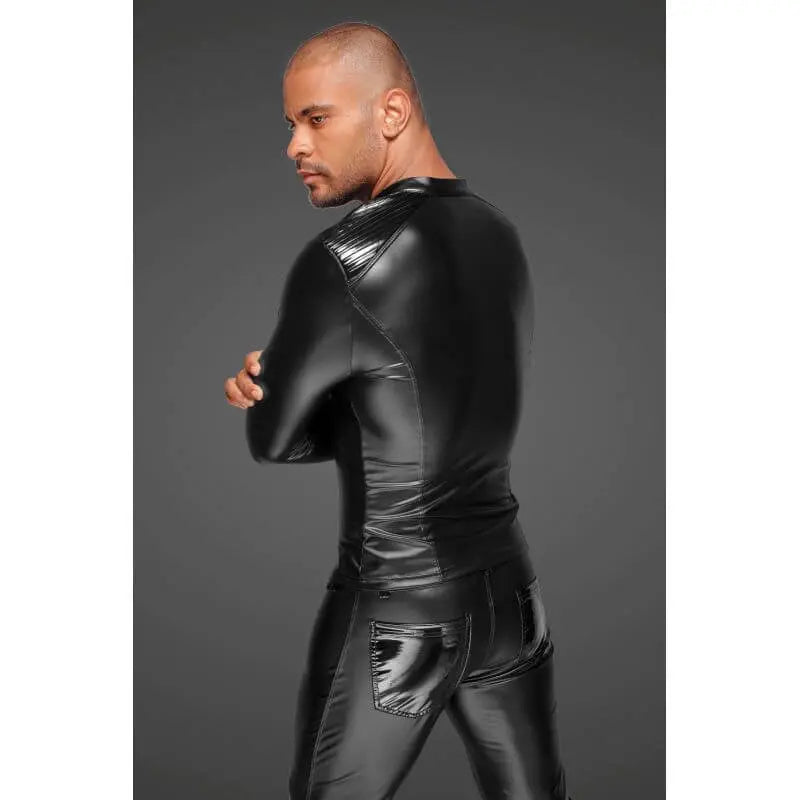 Power Wetlook Mens Jacket w Pleated PVC Epaulets Noir Discreet Intimate Essentials.