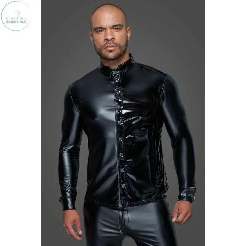 Affordable quality Powerwetlook PVC Long Sleeved Shirt w Button Placket  from Noir by Discreet Intimate Essentials with Discreet Delivery 