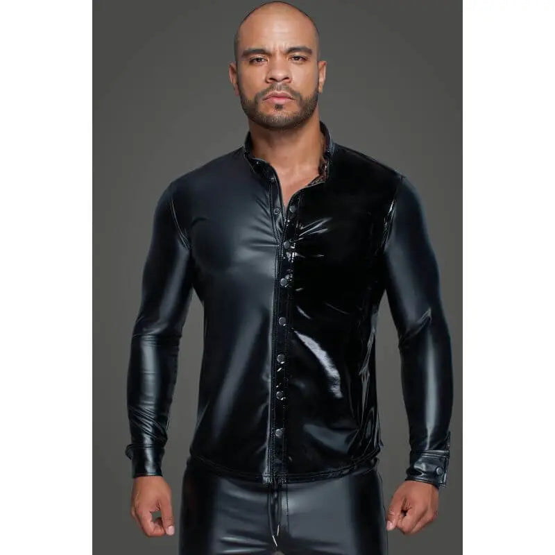 Affordable quality Powerwetlook PVC Long Sleeved Shirt w Button Placket  from Noir by Discreet Intimate Essentials with Discreet Delivery 