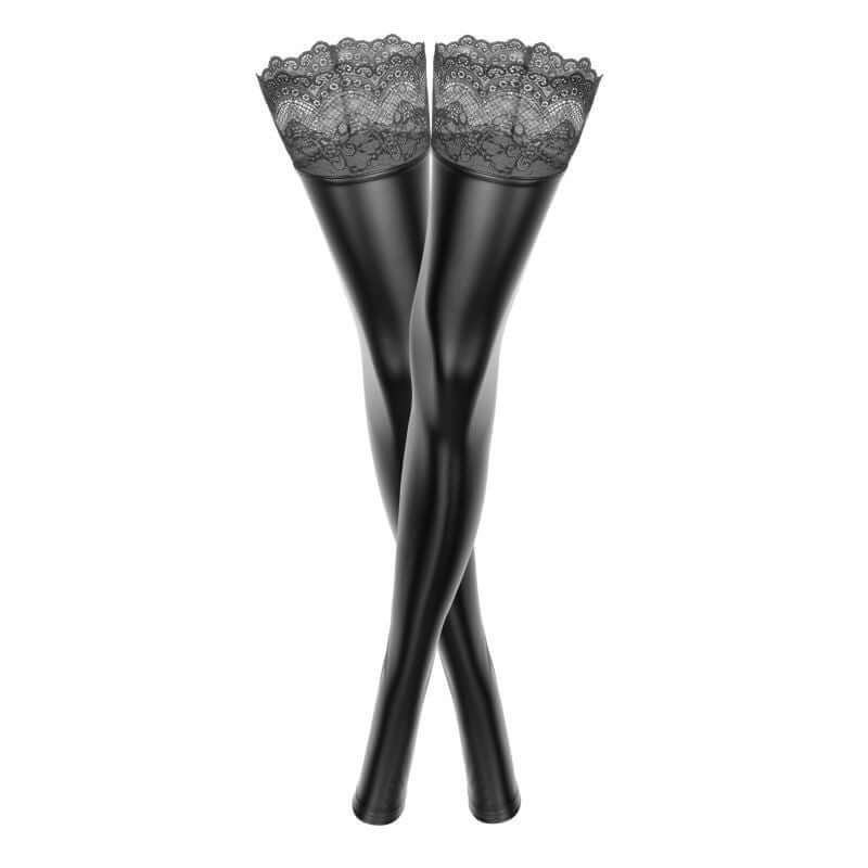 Power wetlook stockings with siliconed lace for a seductive look and perfect hold.
