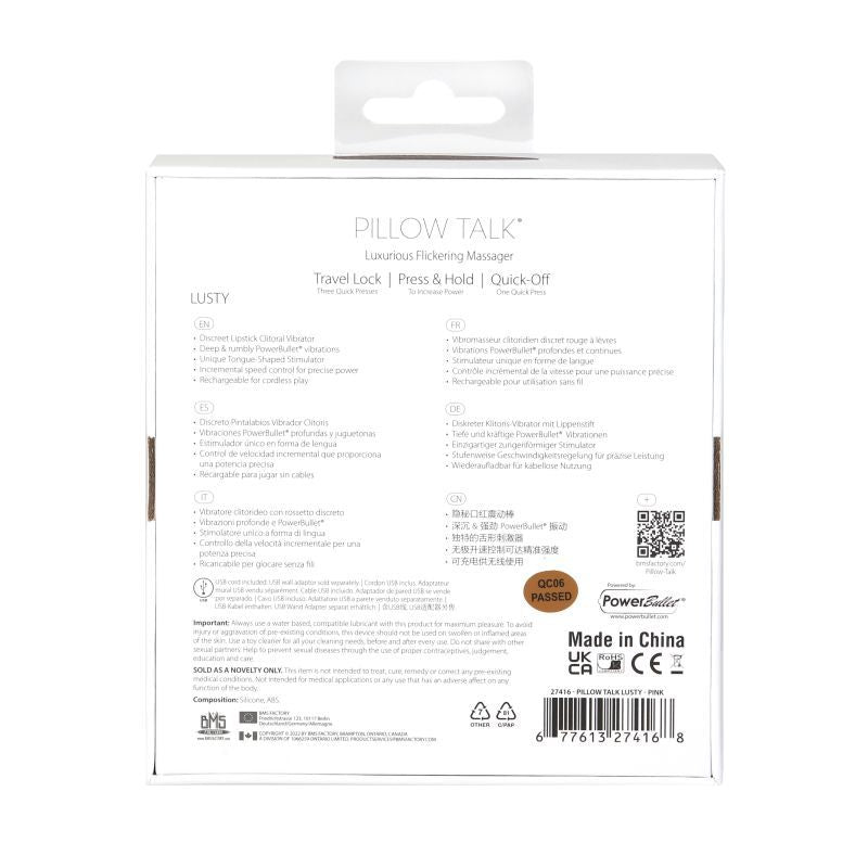 Back packaging of Pillow Talk Lusty Flickering Massager featuring instructions and details on the lipstick clitoral vibrator.
