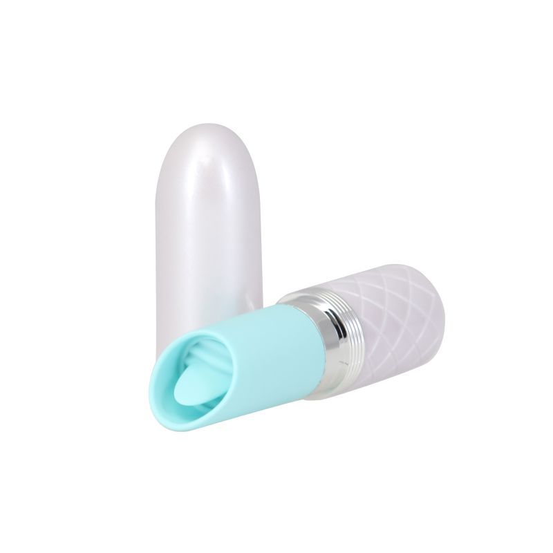 Pillow Talk Lusty lipstick clitoral vibrator in teal and white design for discreet pleasure.