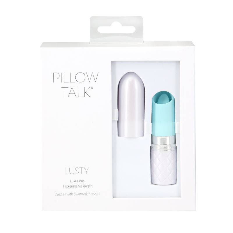Pillow Talk Lusty Flickering Massager packaging showcasing lipstick clitoral vibrator design and features.