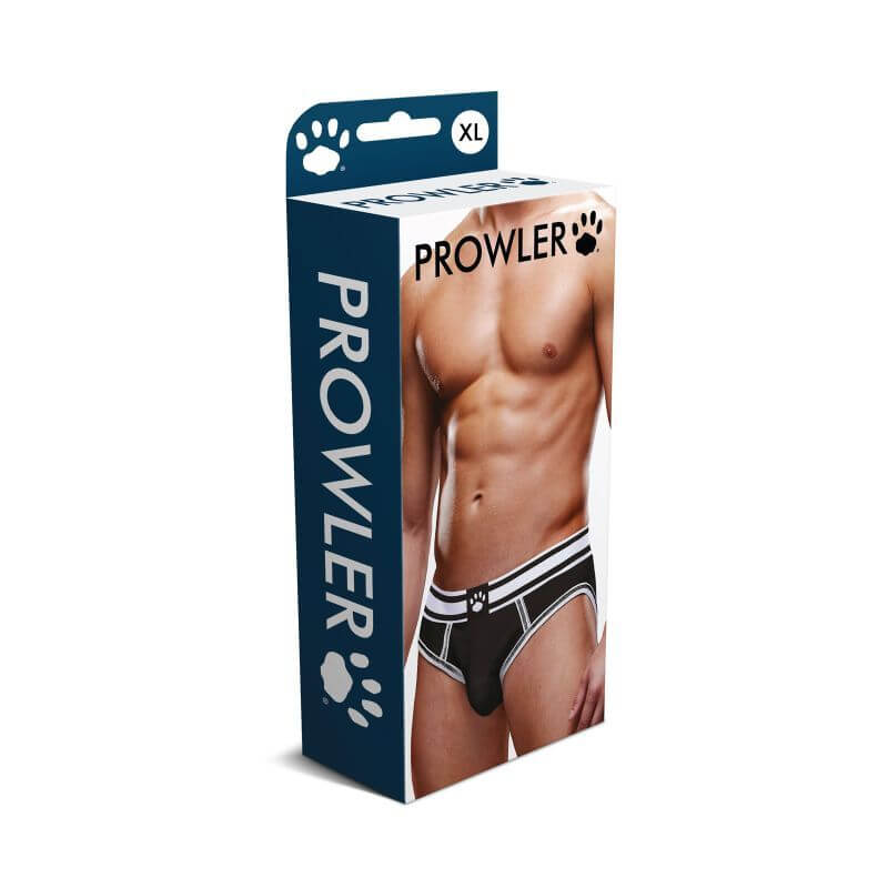 Prowler Open Back Brief White/Black packaging showcasing stylish backless briefs for men.