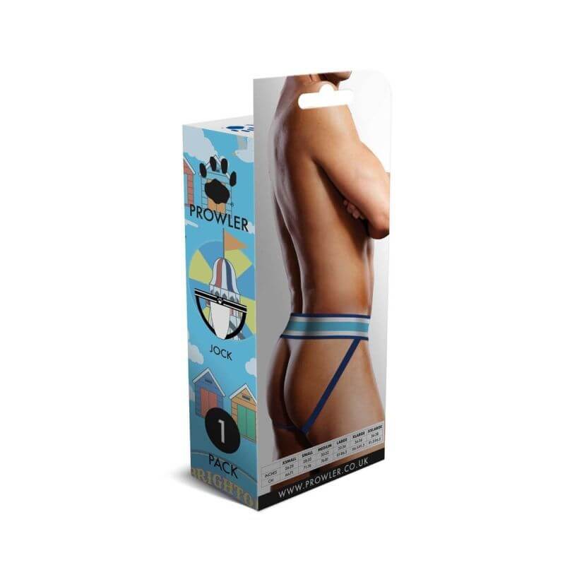 Brighton jock strap packaging featuring a model wearing the jock strap with vibrant colors and seaside motifs.