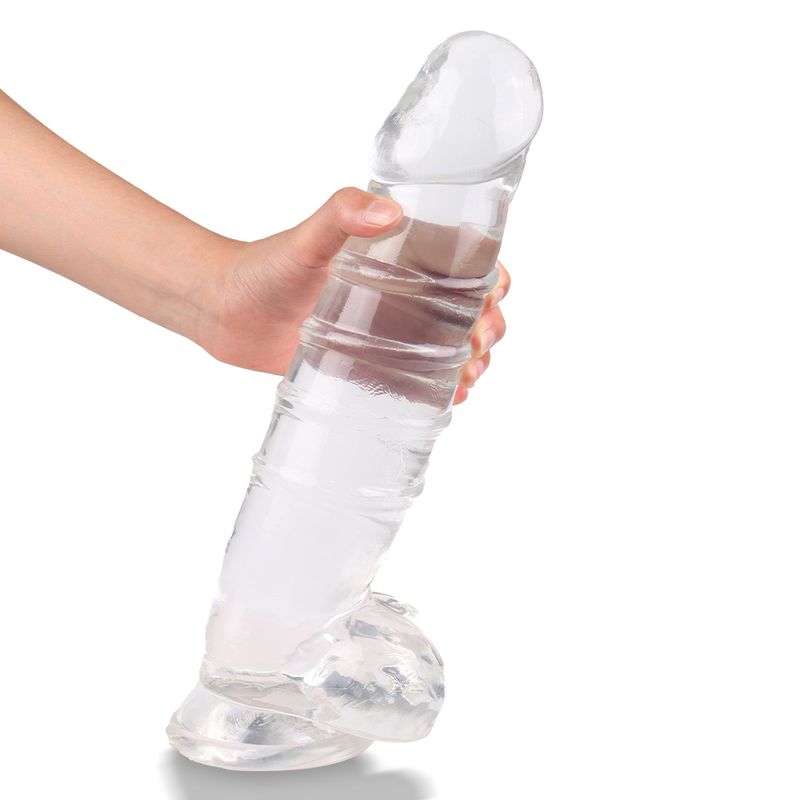 Denny Dong w Balls Clear XXL, a realistic XXL clear dildo with balls, featuring a powerful suction cup.
