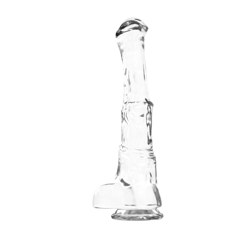 XXL clear dildo with balls in clear material and realistic texture for comfortable use.