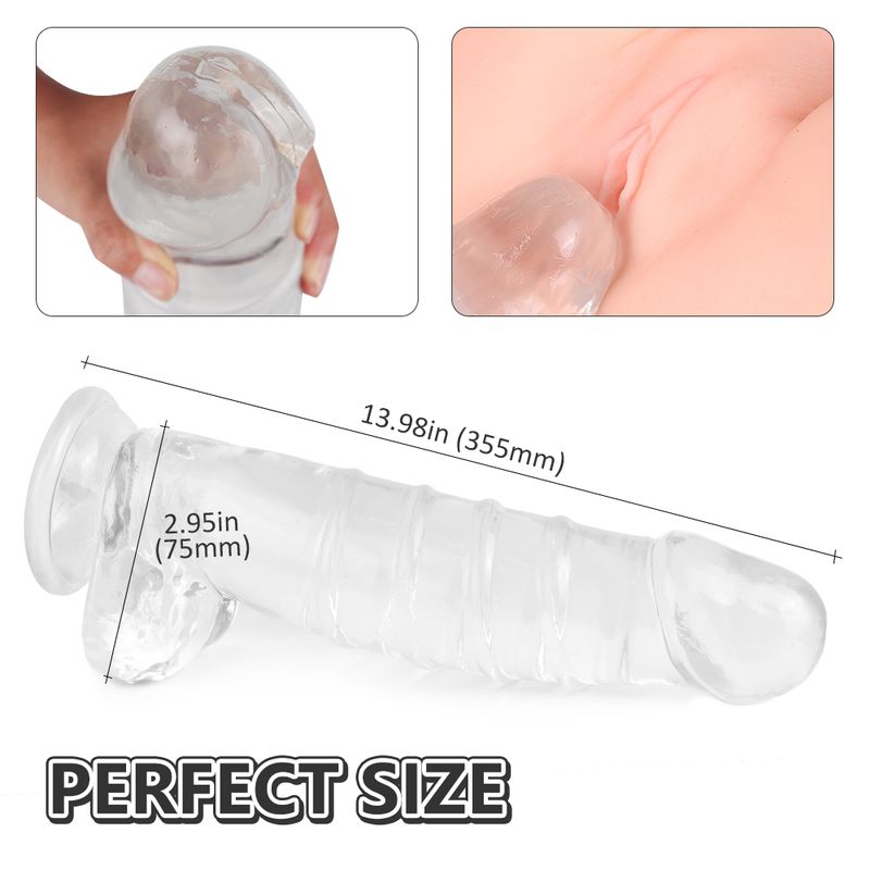 XXL clear dildo with balls showing perfect size features and measurements for enhanced pleasure