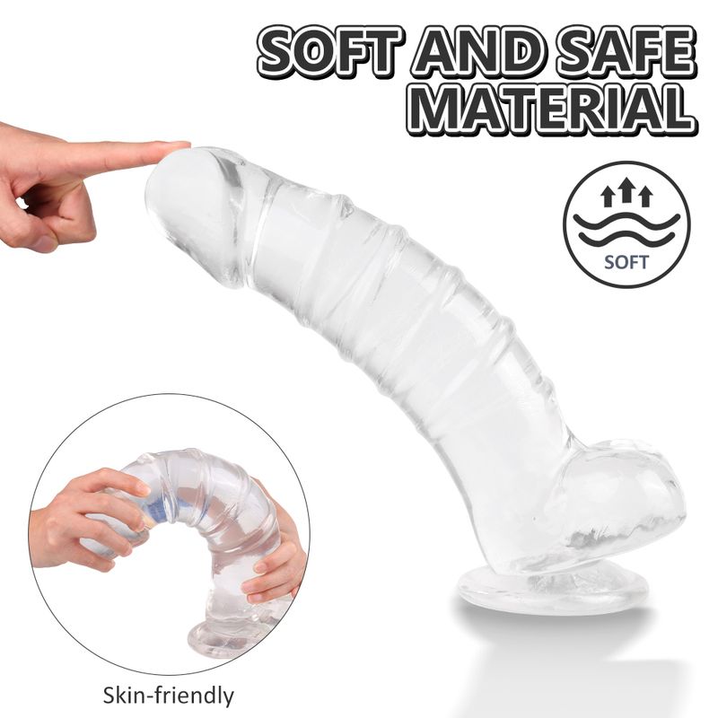 Denny Dong w Balls Clear XXL, soft and safe material, skin-friendly clear dildo with suction cup for intimate essentials.