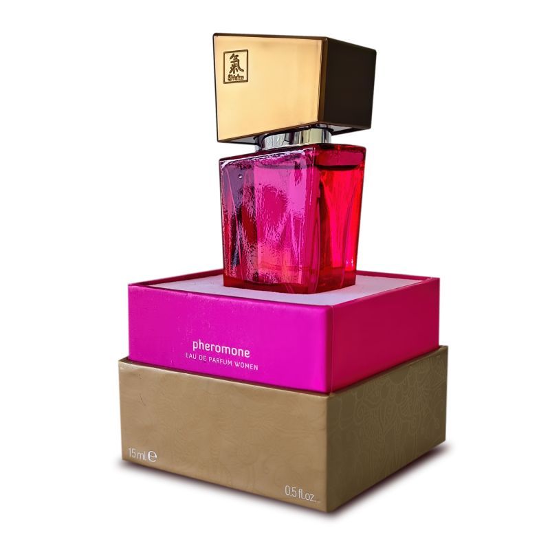 Shiatsu Pheromone Fragrance Woman Pink 15ml bottle on a box, highlighting its attractive design and captivating scent.