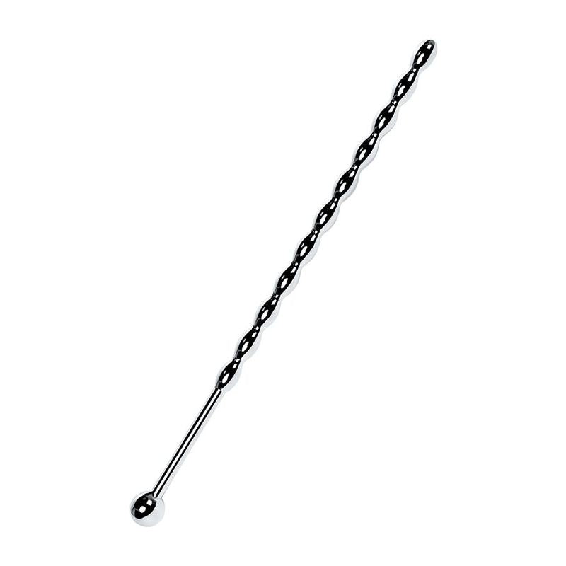 Silver metal urethral sound featuring a braided pigtail design and ball end for effective stimulation.