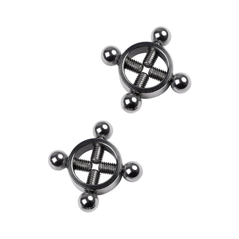 Silver metal 2 pc nipple clamps with screws for adjustable tension and enhanced sensation.