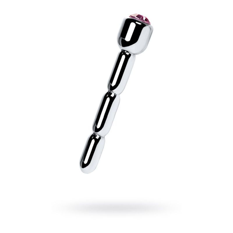 Silver urethral plug with ruby rhinestone showcasing a sleek design and decorative gemstone.