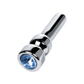 Silver urethral plug with sapphire, featuring a sapphire rhinestone, 5.3cm length and packaged in a velvet bag.