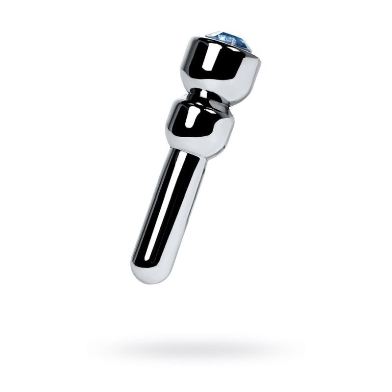Silver urethral plug with sapphire rhinestone, small size, 5.3cm long, shiny metal finish.