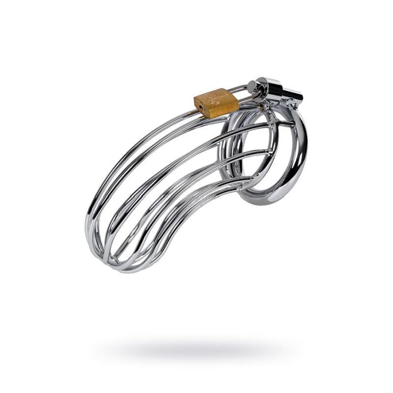 Silver metal cock cage with a padlock, featuring an anatomical shape, multiple hygiene holes, and three rings.