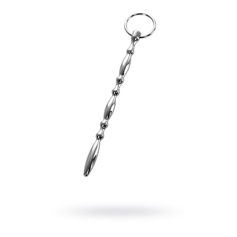 Silver metal urethral plug with beaded design and ring at base for added stimulation.